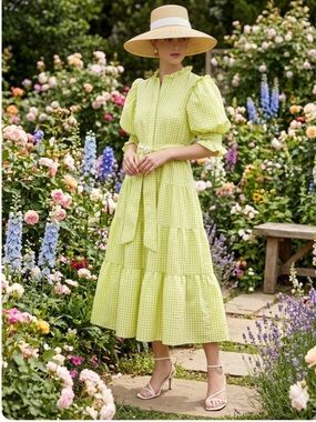Dondolo Gingham Tiered Puff Sleeve Midi Dress Size Medium Yellow Cottagecore